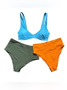 Aerie Mix & Match Swim Bundle - 3 Piece Set - Sky Blue, Olive, Orange - M
